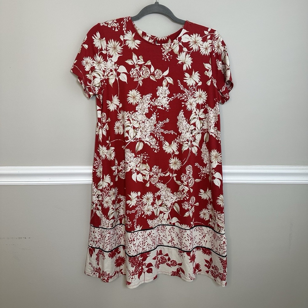 J Jill Wearever Red Floral Jersey Dress Short Sleeve Sm Resort Comfort Casual